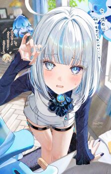 1girl ahoge alternate_hairstyle ascot blue_ascot blue_eyes blue_gemstone blue_hair blue_jacket blue_nails blush comb commentary_request drop-shaped_pupils furina_(genshin_impact) gem genshin_impact gentilhomme_usher heterochromia highres holding holding_own_hair jacket kabu_usagi long_sleeves looking_at_viewer lumine_(genshin_impact) mademoiselle_crabaletta mismatched_pupils multicolored_hair multicolored_nails nail_polish ouji_fashion shorts solo streaked_hair surintendante_chevalmarin sweatdrop symbol-shaped_pupils thigh_strap translation_request white_hair white_shorts