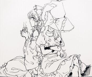 2girls aihara-rina apron back-to-back bow chinese_commentary commentary_request crossed_arms cup detached_sleeves frilled_bow frilled_hair_tubes frills gloves greyscale hair_bow hair_tubes hakurei_reimu hat hat_bow hat_over_eyes highres holding holding_cup kirisame_marisa long_hair monochrome multiple_girls puffy_short_sleeves puffy_sleeves ribbon-trimmed_sleeves ribbon_trim short_sleeves sitting skirt steam touhou waist_apron witch_hat yunomi