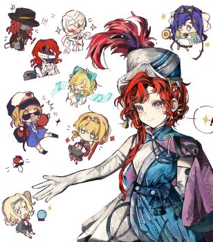 Rule 34 | !, !!, 3boys, 6+girls, aleph (reverse:1999), anger vein, apple, apple (reverse:1999), aqua bow, arm behind back, bandaged head, bandages, barcarola (reverse:1999), beamed eighth notes, black hat, black mask, blonde hair, blue dress, blue eyes, blue hair, bow, brown hair, cape, chibi, chibi inset, colored inner hair, commentary request, covered face, crystal ball, dress, eighth note, elbow gloves, food, fruit, full body, gloves, hair bow, hat, hat feather, highres, kiperina, long hair, lorelei (reverse:1999), matilda bouanich, merlin (reverse:1999), multicolored hair, multiple boys, multiple girls, musical note, musical staff, newsboy cap, purple cape, red hair, regulus (reverse:1999), reverse:1999, shako cap, sleeveless, sleeveless dress, smile, speech bubble, spoken sparkle, star (symbol), sunglasses, the idealist (reverse:1999), two-tone dress, upper body, voyager (reverse:1999), voyager golden record, white background, white dress, white gloves, white hat, youmo yinzi