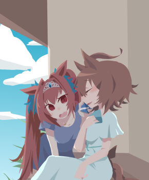 2girls agnes_tachyon_(umamusume) ahoge animal_ears beer_hsk blue_dress blue_sky breasts brown_hair cloud collarbone commentary_request daiwa_scarlet_(umamusume) day dress fang hair_between_eyes hair_intakes hand_up highres horse_ears horse_girl horse_tail large_breasts long_hair multiple_girls open_mouth outdoors red_eyes short_sleeves sitting sky smile tail tiara twintails umamusume very_long_hair white_dress