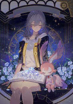 1girl absurdres black_jacket book book_on_lap closed_mouth collarbone commentary_request feet_out_of_frame flower grey_hair hair_between_eyes highres hitohachan honkai:_star_rail honkai_(series) jacket long_hair looking_at_another mem_(honkai:_star_rail) open_clothes open_jacket shirt sitting smile solo stelle_(honkai:_star_rail) trailblazer_(honkai:_star_rail) white_flower white_shirt yellow_eyes