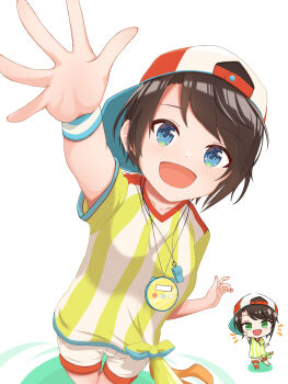 1girl absurdres arm_up backwards_hat blue_eyes brown_hair chibi chibi_inset commentary_request hat highres hololive looking_at_viewer oozora_subaru oozora_subaru_(1st_costume) open_mouth red_hat shirt shorts smile solo stopwatch stopwatch_around_neck striped_clothes striped_shirt u_da_desu virtual_youtuber watch whistle whistle_around_neck white_background white_shirt white_shorts yellow_shirt