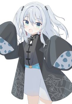 1girl belt black_bow black_choker black_jacket black_shirt blue_belt bow burumanoeat choker earrings fang green_eyes grey_hair grey_shorts hair_bow highres indie_virtual_youtuber jacket jewelry looking_at_viewer nekomugi_tororo open_clothes open_jacket open_mouth shirt shorts simple_background skin_fang sleeves_past_fingers sleeves_past_wrists solo tassel tassel_earrings two_side_up virtual_youtuber white_background