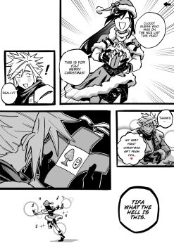 ! 1boy 1girl box butt_plug christmas christmas_present cloud_strife cloud_strife_(holiday_outfit) commentary emphasis_lines english_commentary english_text final_fantasy final_fantasy_vii final_fantasy_vii:_ever_crisis fur-trimmed_gloves fur-trimmed_headwear fur-trimmed_jacket fur-trimmed_skirt fur_trim gift gift_box glint gloves greyscale hair_ornament hat heart highres holding holding_box jacket long_hair low-tied_long_hair monochrome musical_note official_alternate_costume open_clothes open_jacket open_mouth outstretched_arms pom_pom_(clothes) pom_pom_hair_ornament remote_control_vibrator santa_costume santa_hat scarf seilidare sex_toy short_hair skirt sleeveless sleeveless_turtleneck sparkle speech_bubble spiked_hair sweater thought_bubble tifa_lockhart tifa_lockhart_(fairy_of_the_holy_flame) turtleneck turtleneck_sweater vibrator