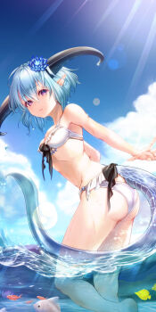 1girl absurdres aqua_hair ass bare_arms beach bikini blue_flower breasts dragon_girl dragon_horns dragon_tail filene_(shadowverse) fish flower frilled_bikini frills hair_between_eyes hair_flower hair_ornament highres horns medium_breasts medium_hair nina_(maurururoa) open_mouth pointy_ears purple_eyes shadowverse solo swimsuit tail wet white_bikini