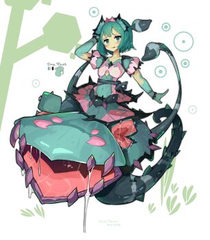 1girl absurdres alraune blush circle clothing_cutout color_guide colored_skin commentary_request covered_navel dot_nose dress drooling english_text extra_mouth fangs flat_chest grass green_dress green_eyes green_hair green_skin hand_on_own_head highres juliet_sleeves long_sleeves looking_at_viewer medium_hair monster_girl open_mouth original pink_dress plant plant_girl puffy_sleeves saliva saliva_trail shitoi_(aqua1487) simple_background smile solo tentacles thorns tiara tongue tongue_out tree two-tone_dress underboob_cutout venus_flytrap vine_tentacle white_background