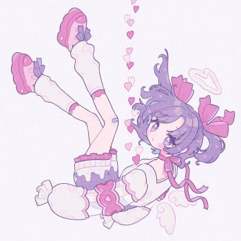 1girl blush bow choker closed_mouth dot_mouth eyelashes falling halo heart highres leg_warmers long_hair long_sleeves looking_at_viewer nicogoly original parted_bangs pink_bow pink_choker pink_leg_warmers pink_shoes purple_eyes purple_hair ribbon_choker screentones shoes simple_background solo square white_halo white_wings wings