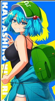 1girl absurdres backpack bag black_camisole blue_eyes blue_hair blue_sweater breasts camisole character_name clothes_around_waist commentary_request cowboy_shot denim denim_shorts from_side green_hat grin hair_between_eyes hand_up hat highres ishiki_nuru kawashiro_nitori large_breasts long_bangs looking_to_the_side short_hair shorts smile solo spaghetti_strap standing sweater sweater_around_waist touhou two-tone_background two_side_up v watermark