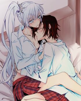 2girls bad_id bad_twitter_id bed blush breasts commentary_request closed_eyes long_hair medium_breasts monokuro_(sekahate) multiple_girls open_clothes open_shirt pleated_skirt ponytail red_hair ruby_rose rwby saliva school_uniform shirt short_hair skirt sweat undressing weiss_schnee white_hair yuri