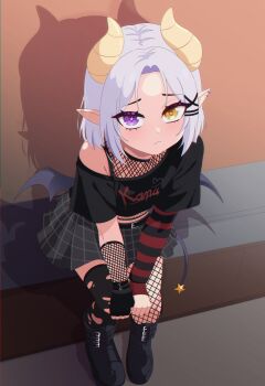 absurdres ankle_boots asymmetrical_legwear asymmetrical_sleeves belt belt_boots belt_buckle black_belt black_boots black_gloves black_shirt black_sleeves black_thighhighs boots buckle commentary dragon_horns dragon_tail earrings emo_fashion english_commentary fishnet_pantyhose fishnet_sleeves fishnet_top fishnets from_above frown full_body gloves grey_skirt hair_ornament hairclip heterochromia highres horns indie_virtual_youtuber jewelry kana_imeru legs_together light_blush looking_at_viewer low_wings midriff mismatched_legwear mismatched_sleeves orenji_gallery outdoors pantyhose parallel_hairclips plaid_clothes plaid_skirt pointy_ears print_shirt purple_eyes purple_hair red_sleeves shadow shirt single_fishnet_legwear single_leg_pantyhose single_off_shoulder single_thighhigh sitting skirt star-shaped_pupils star_(symbol) striped_sleeves symbol-shaped_pupils tail thighhighs torn_clothes torn_thighhighs uneven_legwear uneven_sleeves virtual_youtuber wings x_hair_ornament yellow_eyes