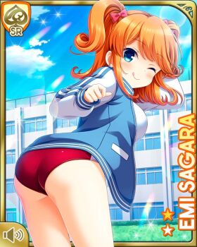 1girl :p ass black_jacket blouse blue_eyes breasts buruma card character_name closed_mouth collarbone day girlfriend_(kari) hair_ornament headband jacket large_breasts leaning_forward medium_hair official_art one_eye_closed orange_hair outdoors qp:flapper red_buruma red_ribbon ribbon sagara_emi shirt sky smile solo sparkle standing tagme tongue tongue_out track_jacket white_headband white_shirt