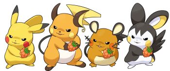 Rule 34 | berry (pokemon), commentary request, dedenne, emolga, gen 1 pokemon, gen 5 pokemon, gen 6 pokemon, golden razz berry, highres, holding, nintendo, no humans, parted lips, photo-referenced, pikachu, pokemoa, pokemon, pokemon (creature), pokemon focus, raichu, simple background, tail, white background, wings