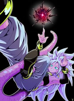 android_21 black_nails black_sclera black_tube_top bracelet choker colored_sclera colored_skin commentary dragon_ball dragon_ball_fighterz earrings english_commentary harem_pants highres hoop_earrings jewelry majin_android_21 pants pink_skin pink_tail pistacia_db strapless tube_top yellow_choker