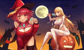 Rule 34 | 2girls, absurdres, alternate costume, bandages, blonde hair, breasts, chest jewel, gem, halloween, halloween costume, hat, headpiece, highres, large breasts, long hair, multiple girls, mummy, mummy costume, mythra (xenoblade), naked bandage, pyra (xenoblade), red hair, short hair, swept bangs, taro (peach taro51), very long hair, witch, witch hat, xenoblade chronicles (series), xenoblade chronicles 2, yellow eyes