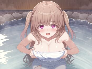 1girl blush breasts commentary_request grabbing_own_breast long_hair looking_at_viewer naked_towel nanase_mana_(harunyan0803) onsen open_mouth original partially_submerged purple_eyes shefu solo tongue towel two_side_up variant_set very_long_hair water wooden_wall