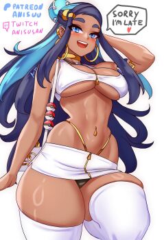 1girl anisdrawn black_hair blue_hair bra breasts cleavage dark-skinned_female dark_skin earrings english_text heart jewelry large_breasts long_hair microskirt nessa_(pokemon) nintendo panties poke_ball pokemon pokemon_swsh skirt speech_bubble thighhighs underboob underwear very_long_hair wide_hips
