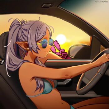 1girl alternate_costume animated aura_(sousou_no_frieren) aura_bullying_(meme) bikini blue-tinted_eyewear blue_bikini bouncing_breasts breasts car car_interior closed_mouth driving earrings elf evening frieren grey_hair halterneck highres jewelry long_hair meme motor_vehicle navel pointy_ears round_eyewear small_breasts smile solo sousou_no_frieren steering_wheel stepkingo_art string_bikini sun sunset swimsuit tagme tinted_eyewear twintails video