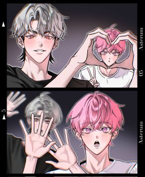 2boys ahoge amo_0202 bamby_(plave) black_border blurry border eunho_(plave) grey_hair hair_between_eyes hands_up heart heart_hands highres k-pop looking_at_viewer male_focus multiple_boys multiple_views open_mouth parted_bangs pink_eyes pink_hair plave red_eyes short_hair upper_body waving