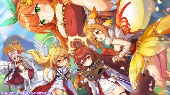 5girls absurdres ahoge angel_wings aqua_eyes blonde_hair blurry blurry_background blush breasts brown_hair cleavage closed_mouth dmm fairy_wings giant giantess green_eyes hair_between_eyes highres holding holding_map holding_sign map melon_(monmusu_td) midriff miniskirt monster_musume_td multiple_girls navel open_mouth orange_hair outdoors panties panty_peek petals pink_hair red_eyes sideboob sign skirt smile thighhighs thighs underwear vivi_vache_(monmusu_td) white_wings wings yellow_eyes