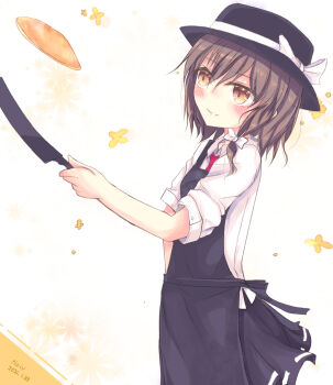 Rule 34 | 1girl, apron, black apron, black hat, black skirt, blush, bow, brown eyes, brown hair, collared shirt, commentary request, dated, food, hat, hat bow, medium hair, necktie, pancake, red necktie, ribbon-trimmed skirt, ribbon trim, shirt, short sleeves, skirt, sleeves rolled up, solo, standing, teruteruyohou, touhou, usami renko, white bow, white shirt