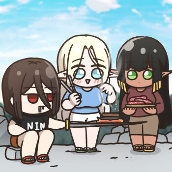 3girls alternate_costume black_hair blonde_hair blue_eyes brown_hair cerestia_of_life chibi chibi_only clooliss commentary_request cooking dark-skinned_female dark_elf dark_skin elf fire flaming_sword flaming_weapon food green_eyes hair_between_eyes highres holding holding_sword holding_tongs holding_weapon korean_commentary kunoichi_kaen last_origin long_hair meat multiple_girls pointy_ears red_eyes sandals sekhmet_of_death shirt short_hair sitting skirt sword tongs triangle_mouth very_long_hair weapon
