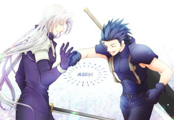 2boys 3mame_000_185 armor black_coat black_gloves black_hair black_pants buster_sword coat commentary_request cowboy_shot crisis_core:_final_fantasy_vii cross_scar earrings facial_scar final_fantasy final_fantasy_vii gloves grey_hair jewelry long_hair male_focus multiple_boys open_mouth pants parted_lips punching ribbed_sweater scar scar_on_cheek scar_on_face sephiroth short_hair shoulder_armor sleeveless sleeveless_turtleneck smile spiked_hair stud_earrings suspenders sweater sword sword_on_back turtleneck turtleneck_sweater weapon weapon_on_back zack_fair