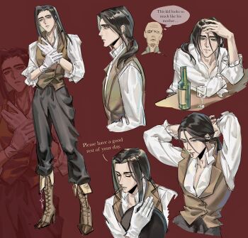 Rule 34 | 2boys, adjusting clothes, adjusting gloves, alternate universe, aminogoose77, arms behind head, bald, black pants, boots, bottle, brown boots, brown hair, brown vest, closed eyes, collared shirt, commentary, cup, drinking glass, english commentary, english text, eren yeager, full body, gloves, hair between eyes, hair over shoulder, hair tie in mouth, hand on own chest, hands in own hair, highres, keith shadis, long hair, low ponytail, male focus, mouth hold, multiple boys, multiple views, old, old man, pants, parted bangs, ponytail, red background, shingeki no kyojin, shirt, standing, upper body, vest, waistcoat, white gloves, white shirt, wine glass