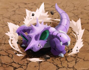 black_eyes claws commentary_request crack cracked_floor gen_1_pokemon highres nidoking nintendo no_humans outdoors pokemon pokemon_(creature) rock smoke standing uninori
