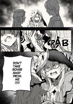 1boy 2girls absurdres angry armlet breasts cartethyia_(wuthering_waves) clenched_teeth commentary crown_of_thorns earrings english_commentary english_text flareza greyscale highres jealous jewelry long_hair male_rover_(wuthering_waves) medium_breasts monochrome multiple_earrings multiple_girls open_mouth pointy_ears rover_(wuthering_waves) shorekeeper_(wuthering_waves) sidelocks teeth veil wuthering_waves