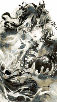 Rule 34 | 1boy, arknights, black eyes, black hair, black hands, board game, chinese commentary, colored extremities, commentary request, dragon boy, dragon horns, earrings, eastern dragon horns, go (board game), heterochromia, highres, holding go stone, horns, jewelry, long hair, looking at viewer, male focus, monochrome, pointy ears, solo, upper body, wang (arknights), wavy hair, zhuhe857