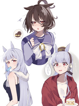 2girls ^^^ absurdres agnes_tachyon_(umamusume) ahoge animal_ears black_camisole blunt_bangs bow bowtie brown_hair brown_hat cake cake_slice camisole chocolate commentary_request ears_down eyes_visible_through_hair fidgeting food food_in_mouth fruit gold_ship_(umamusume) grey_hair hair_between_eyes hat headgear highres holding holding_plate hood hood_down hoodie horse_ears horse_girl huge_ahoge koroeda6 long_hair long_sleeves looking_at_viewer looking_to_the_side loose_hair_strand medium_hair motion_lines multiple_girls open_clothes open_hoodie pillbox_hat plate popsicle popsicle_in_mouth purple_sailor_collar purple_shirt red_eyes red_hoodie sailor_collar sailor_shirt school_uniform shirt sleeves_past_wrists spaghetti_strap spoken_object squiggle strawberry strawberry_shortcake sweatdrop towel towel_around_neck tracen_school_uniform twitter_username umamusume white_bow white_bowtie wide-eyed winter_uniform