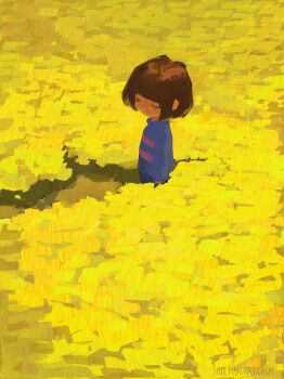 1other androgynous blue_sweater blunt_bangs bob_cut brown_hair choir_outfit_(utdr) closed_eyes field flower flower_field frisk_(undertale) full_body highres long_sleeves other_focus outdoors short_hair smolmushroomm standing sweater two-tone_sweater u_u undertale utdr_(toby_fox) yellow_flower