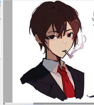 Rule 34 | 1boy, black jacket, brown eyes, brown hair, chinese commentary, cigarette, collared shirt, commentary request, hair between eyes, jabuchi you, jacket, male focus, necktie, painttool sai, painttool sai (medium), portrait, red necktie, saibou shinkyoku, shirt, short hair, smoking, solo, songlajihuijia, suit jacket, white shirt