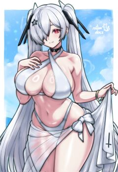 1girl absurdly_long_hair armpit_crease bikini black_choker blue_sky border breasts choker cinderella_(nikke) cleavage closed_mouth cloud collarbone cowboy_shot curvy day goddess_of_victory:_nikke hair_ornament hair_over_one_eye highleg highleg_bikini highres inverted_cross inverted_cross_print large_breasts long_hair looking_at_viewer navel outdoors red_eyes rotomdocs sarong sky smile solo stomach swimsuit twintails very_long_hair white_bikini white_border white_hair white_sarong
