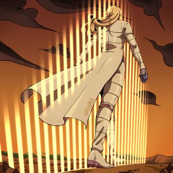 Rule 34 | 1boy, arms at sides, artist name, blonde hair, brown shoes, cloud, coat, commentary, curly hair, d4c love train, frilled sleeves, frills, from behind, from below, full body, funny valentine, gloves, hachuart, highres, jojo no kimyou na bouken, long hair, long sleeves, mountainous horizon, on ground, outdoors, pants, purple gloves, shoes, sky, solo, stand (jojo), standing, steel ball run, sunset, white coat, white pants