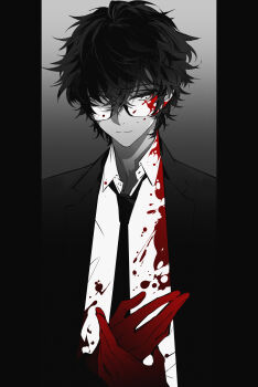 1boy amamiya_ren black_hair black_jacket black_necktie blood blood_on_clothes blood_on_face blood_on_hands blood_splatter closed_mouth coldiron collared_shirt formal_clothes glasses gloves gradient_background greyscale hair_between_eyes highres jacket looking_at_viewer male_focus messy_hair monochrome necktie persona persona_5 red_gloves shirt short_hair simple_background smile solo spot_color suit upper_body white_shirt