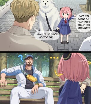 Rule 34 | 1girl, absurdres, anya (spy x family), artist name, beard, blonde hair, blue eyes, bond (spy x family), brown hair, connected beard, crossover, facial hair, fantastic four, highres, jacket, long sleeves, marvel, marvel rivals, multiple boys, muscular, rappa (sirrappa), reed richards, reed richards (dad-tastic reed), shirt, short hair, smile, spy x family, twilight (spy x family), white shirt