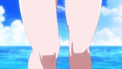 3girls 5boys animated anime_screenshot ass beach bikini blonde_hair blush breasts cleavage collarbone crowd earrings flower frilled_bikini frills goa_(kizetsu_yuusha) groin hair_flower hair_ornament highres huge_breasts jewelry kizetsu_yuusha_to_ansatsu_hime knees long_hair multiple_boys multiple_girls navel ocean open_mouth sky smile sound stomach swimsuit tagme thighs video water waving whale_tail_(clothing) wide_hips