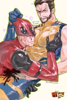 2boys absurdres anger_vein animification beard black_gloves bleeding blood blue_gloves blush bodysuit brown_hair chibi claw_(weapon) clothes_grab commentary_request deadpool deadpool_&amp;_wolverine deadpool_(series) english_text face_to_pecs facial_hair gloves green_eyes heart highres large_pectorals looking_at_another male_focus marvel mask mask_lift motokawako multicolored_bodysuit multiple_boys muscular muscular_male nosebleed pectoral_grab pectorals red_bodysuit short_hair sleeveless smile stab superhero_costume two-tone_bodysuit weapon wolverine_(x-men) x-men yaoi yellow_bodysuit