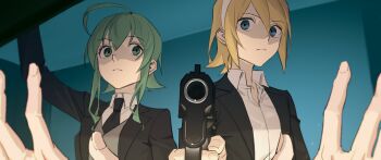 2girls ahoge aiming aiming_at_viewer armor black_jacket black_necktie blonde_hair blue_eyes closed_mouth collared_shirt frown green_eyes green_hair grey_vest gumi gun hairband handgun highres holding holding_gun holding_weapon jacket kagamine_rin looking_at_another looking_at_viewer medium_hair multiple_girls necktie pov shirt short_hair shoulder_armor vest vocaloid weapon white_hairband white_shirt wounds404