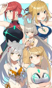 breasts fiora_(xenoblade) highres in-franchise_crossover kinagi_(3307377) large_breasts mio_(xenoblade) multiple_girls mythra_(radiant_beach)_(xenoblade) mythra_(xenoblade) nia_(fancy_sundress)_(xenoblade) nia_(xenoblade) ponytail pyra_(pro_swimmer)_(xenoblade) pyra_(xenoblade) short_ponytail swimsuit xenoblade_chronicles_(series) xenoblade_chronicles_1 xenoblade_chronicles_2 xenoblade_chronicles_3