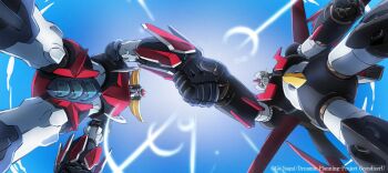 copyright_name grendizer grendizer_(grendizer_u) grendizer_u handshake horns huge_horns mazinger_(series) mazinger_x mazinger_z_(mecha) mecha mecha_focus mechanical_wings no_humans official_art pilder robot science_fiction standing super_robot taiga_hiroyuki ufo_robo_grendizer wings yellow_eyes