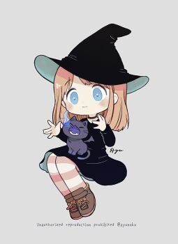 Rule 34 | 1girl, animal, ayu (mog), black cat, black choker, black dress, black hat, blue eyes, blush, breath weapon, breathing fire, brown shoes, cat, choker, closed mouth, commentary, dot nose, dress, english commentary, fire, full body, grey background, hands up, hat, invisible chair, long hair, long sleeves, orange hair, original, pantyhose, parted bangs, red pantyhose, shoes, signature, simple background, sitting, solo, striped clothes, striped pantyhose, twitter username, watermark, witch, witch hat