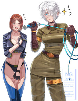 2girls angel_(kof) aosa_(jmzg2528) backless_pants belt blue_eyes blush bra breasts brown_eyes brown_hair chaps choker cleavage cosplay costume_switch embarrassed fingerless_gloves gloves highres holding holding_whip jacket jewelry large_breasts leather leather_jacket looking_at_viewer military military_uniform multiple_girls navel open_mouth pants short_hair simple_background smile snk strapless strapless_bra the_king_of_fighters toned toned_female underwear whip whip_(kof) white_background