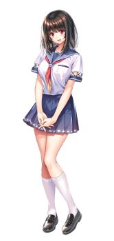 1girl amakano_2 black_shoes blue_sailor_collar blue_skirt blush breast_pocket breasts brown_hair full_body kurohime_yuuhi large_breasts large_variant_set loafers looking_at_viewer medium_hair neckerchief official_art open_mouth orange_neckerchief own_hands_together piromizu pleated_skirt pocket red_eyes sailor_collar school_uniform serafuku shirt shoes short_sleeves simple_background skirt smile socks solo standing tachi-e variant_set white_background white_shirt white_socks