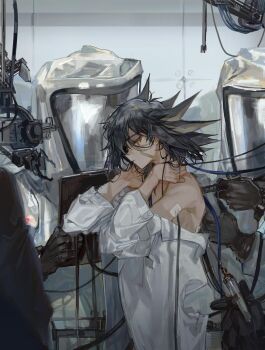 1boy bare_pectorals bare_shoulders black_gloves black_hair cable clipboard closed_eyes facial_tattoo gloves hands_on_own_neck highres holding holding_clipboard holding_syringe holding_wrench industrial lab_coat large_syringe looking_down looking_to_the_side male_focus mechabare mechanization momentcorefly oversized_object partially_undressed pectorals syringe tattoo wire wrench yu-gi-oh! yu-gi-oh!_5d&#039;s z-one