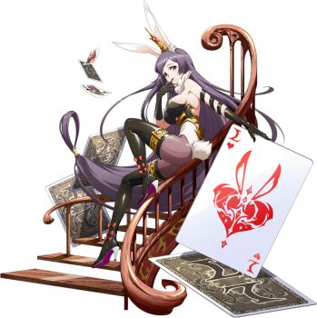 1girl absurdly_long_hair animal_ears banister bare_shoulders black_boots black_gloves black_leotard boots breasts card crown detached_collar earrings elbow_gloves fake_animal_ears fake_tail finger_in_own_mouth fishnet_pantyhose fishnets floating floating_hair floating_object florentia_(langrisser) from_side full_body game_cg gloves gold_crown gold_thighlet high_heel_boots high_heels highleg highleg_leotard jewelry langrisser langrisser_mobile langrisser_re:incarnation large_breasts leotard long_hair looking_at_viewer low-tied_long_hair official_alternate_costume official_art on_stairs oversized_object pantyhose parted_bangs parted_lips playboy_bunny playing_card purple_eyes purple_hair rabbit_ears rabbit_tail railing red_ribbon ribbon seductive_smile sidelocks simple_background sitting sitting_on_stairs smile solo stairs strapless strapless_leotard tachi-e tail thighlet third-party_source transparent_background very_long_hair wooden_stairs