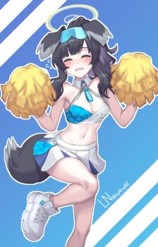1girl absurdres animal_ears artist_name black_hair blue_archive blush breasts cheerleader closed_eyes commentary_request dog_ears dog_girl dog_tail goggles goggles_on_head halo hibiki_(blue_archive) hibiki_(cheer_squad)_(blue_archive) highres holding holding_pom_poms lightnya long_hair millennium_cheerleader_outfit_(blue_archive) navel official_alternate_costume open_mouth pom_pom_(cheerleading) pom_poms shoes simple_background skirt solo tail white_shoes yellow_halo