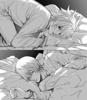 2boys closed_mouth commentary_request death_note highres l_(death_note) long_sleeves looking_at_another lying male_focus multiple_boys on_bed on_side ruttika_shin shared_handcuffs short_hair thumb_to_mouth top-down_bottom-up yagami_light