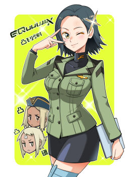 Rule 34 | 3girls, black hair, black skirt, blue hat, bowieknife, closed mouth, commentary request, comoli harcourt, copyright name, dark-skinned female, dark skin, flcl, forehead, freckles, gundam, gundam gquuuuuux, hat, holding, holding tablet pc, jacket, kitsurubami, lal'c mellk mal, long sleeves, look-alike, looking at viewer, military hat, military jacket, military uniform, mole, mole under eye, multiple girls, one eye closed, parted bangs, shirt, short hair, skirt, smile, tablet pc, top wo nerae! (series), top wo nerae 2!, v, v over eye, white hair, yellow eyes, zeon